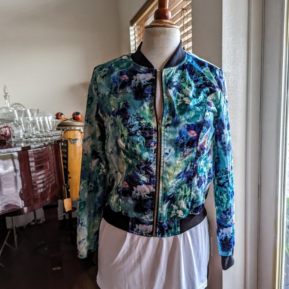 NWT  Allegra K Women Stand Collar Zip Up Floral Print Bomber Jacket size S